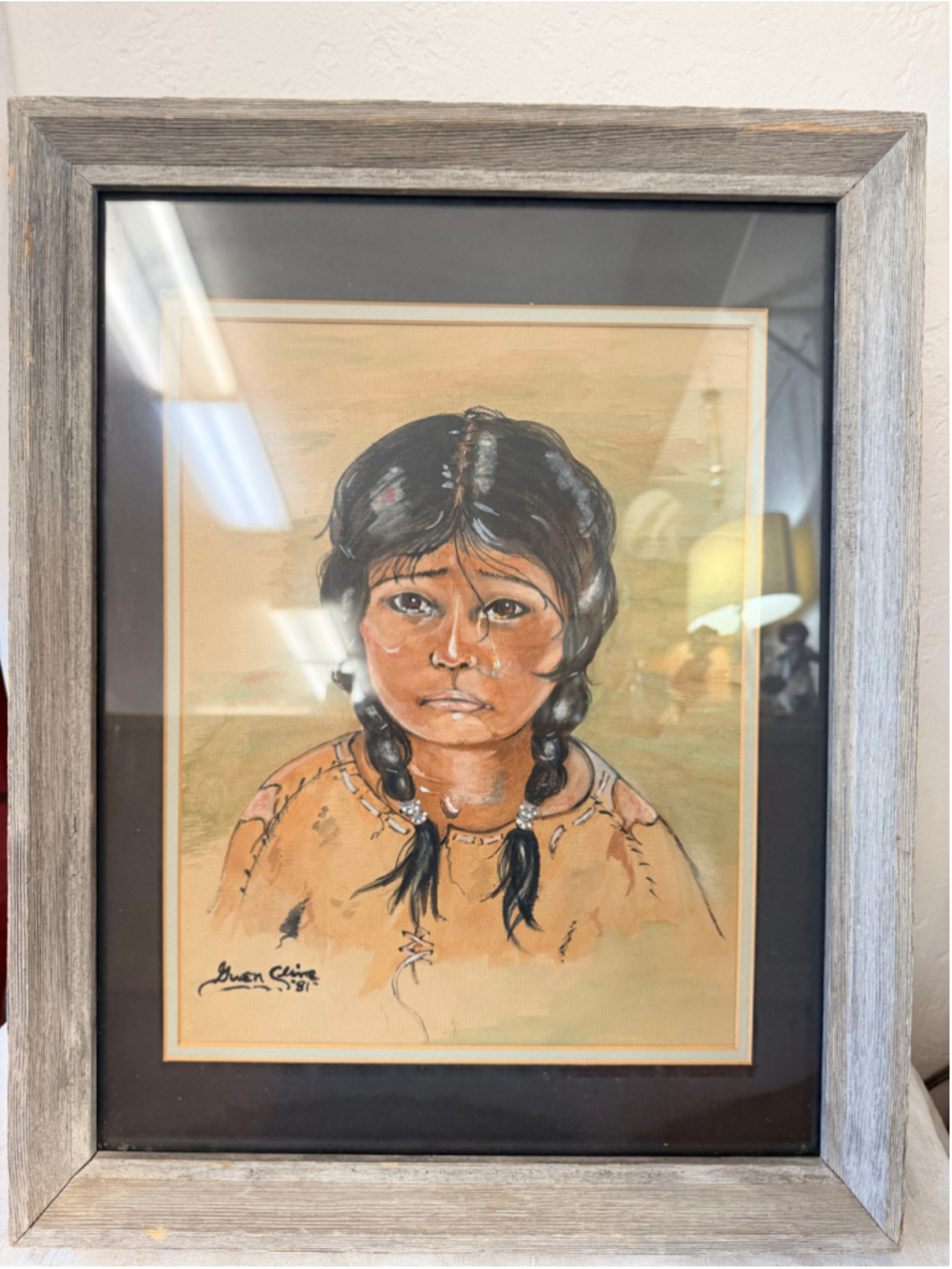 Gwen Cline 1981 Signed Original Watercolor of a Native American Girl Framed